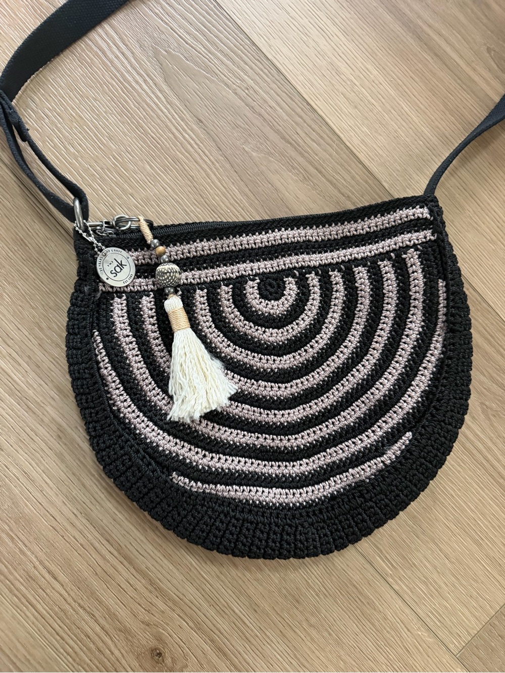 The Sak Crochet Crossbody Bag Black Beige Boho Rainbow Arc Tassel Medallion